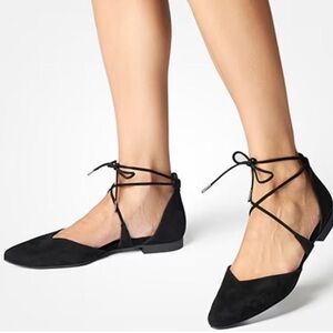 Paul Green Black Leather Lydia Pointed Toe Lace Up Flats